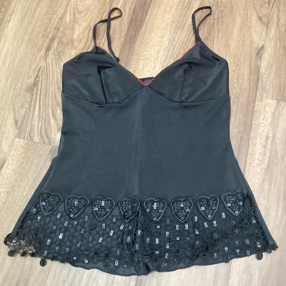 Vintage Y2K “Dreamgirl” Black Lace Trim Camisole Top Low Cut Sexy Party